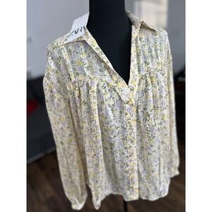 NWT Zara shirt‎ summer yellow Floral Print Blouse Long Sleeve Lightweight Size S